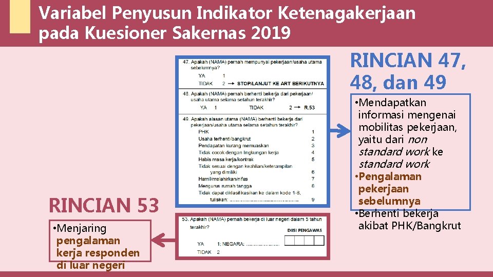 Variabel Penyusun Indikator Ketenagakerjaan pada Kuesioner Sakernas 2019 RINCIAN 47, 48, dan 49 RINCIAN