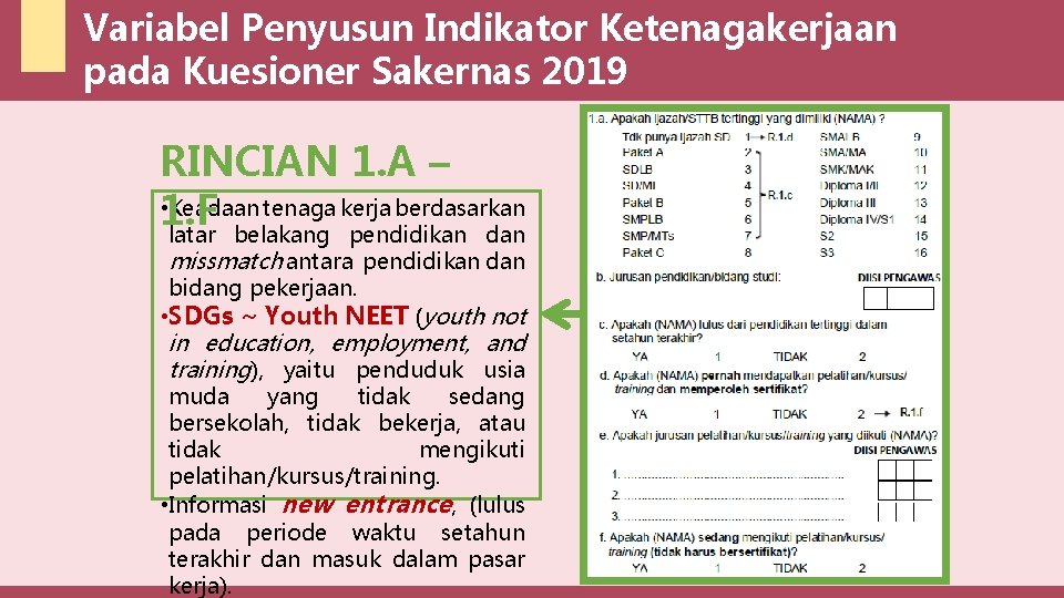 Variabel Penyusun Indikator Ketenagakerjaan pada Kuesioner Sakernas 2019 RINCIAN 1. A – • Keadaan