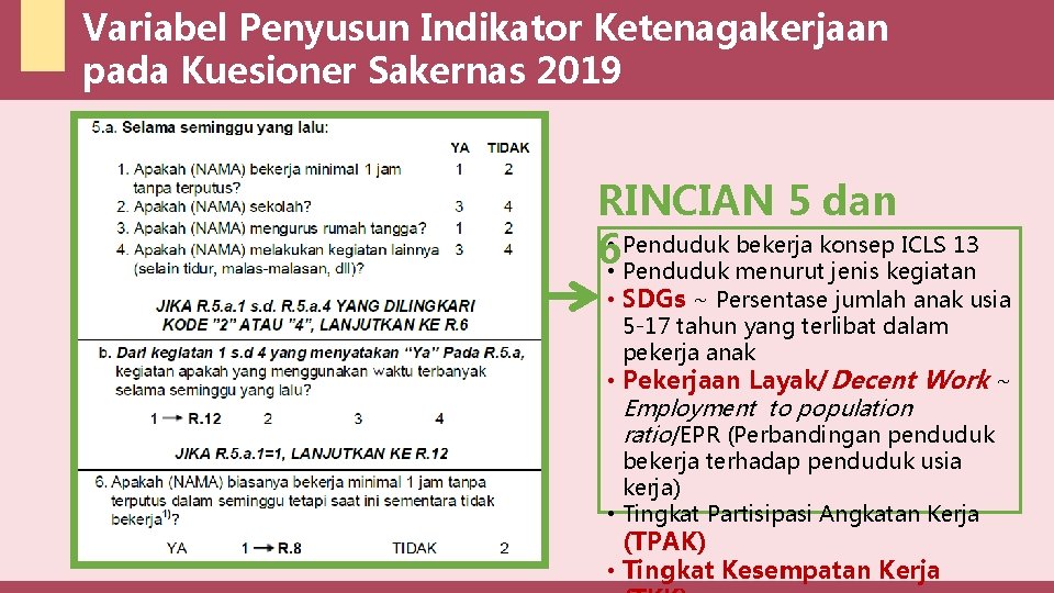 Variabel Penyusun Indikator Ketenagakerjaan pada Kuesioner Sakernas 2019 RINCIAN 5 dan bekerja konsep ICLS