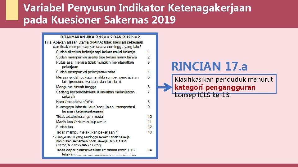 Variabel Penyusun Indikator Ketenagakerjaan pada Kuesioner Sakernas 2019 RINCIAN 17. a Klasifikasikan penduduk menurut
