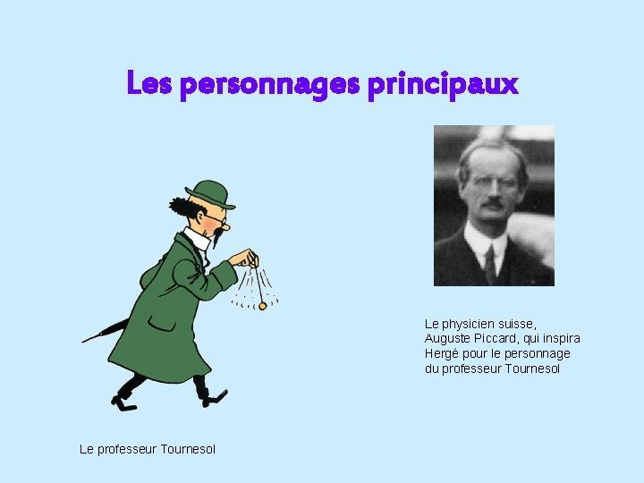 Les personnages principaux Le physicien suisse, Auguste Piccard, qui inspira Hergé pour le personnage