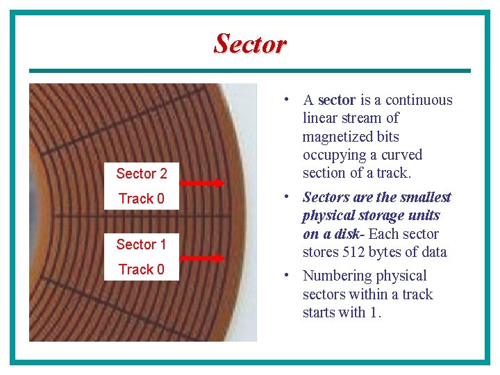 Sector 2 Track 0 Sector 1 Track 0 • A sector is a continuous