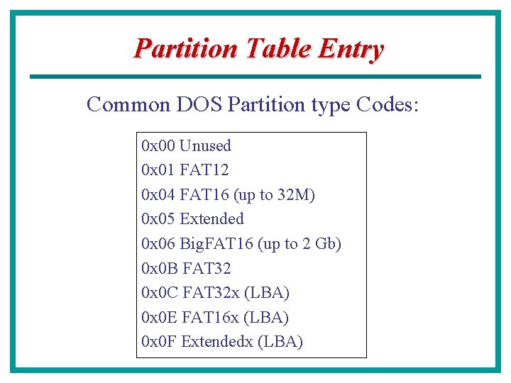  Partition Table Entry Common DOS Partition type Codes: 0 x 00 Unused 0