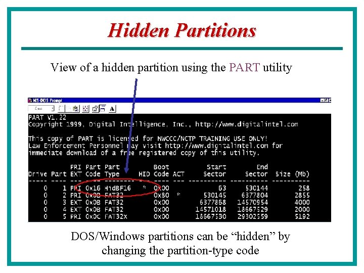 Hidden Partitions View of a hidden partition using the PART utility DOS/Windows partitions can