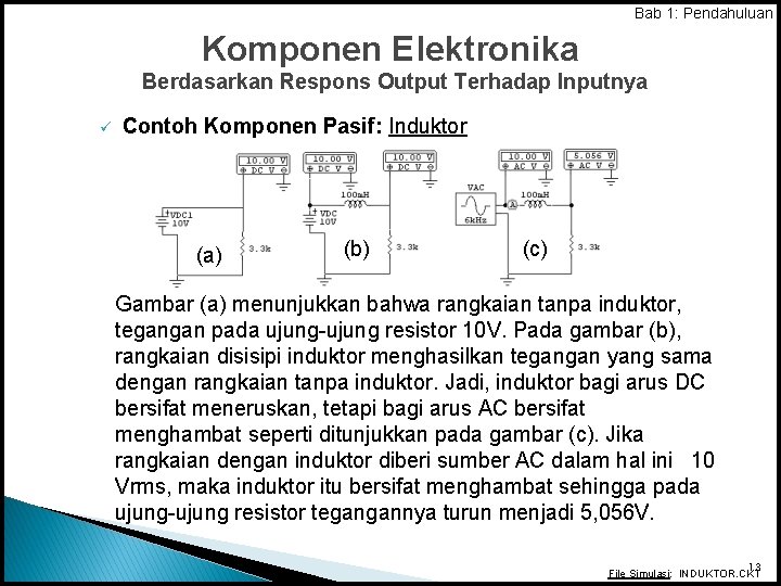 Bab 1: Pendahuluan Komponen Elektronika Berdasarkan Respons Output Terhadap Inputnya ü Contoh Komponen Pasif: