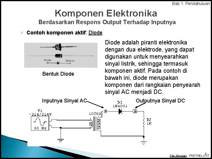 Bab 1: Pendahuluan Komponen Elektronika Berdasarkan Respons Output Terhadap Inputnya ü Contoh komponen aktif: