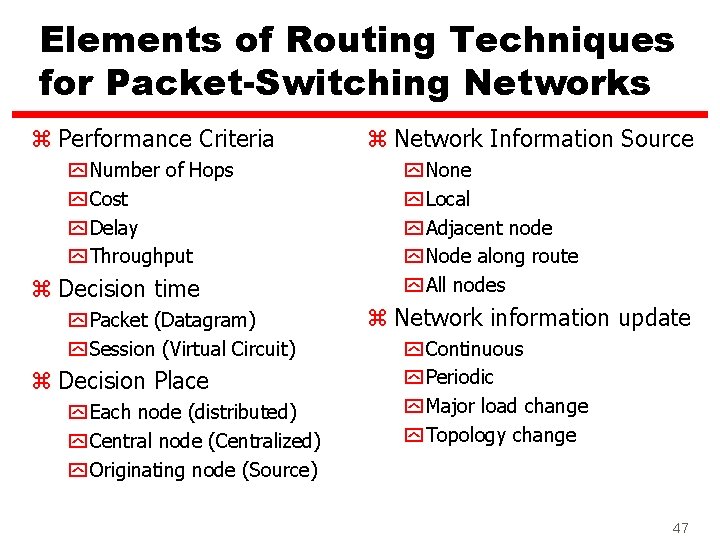 Elements of Routing Techniques for Packet-Switching Networks z Performance Criteria y Number of Hops