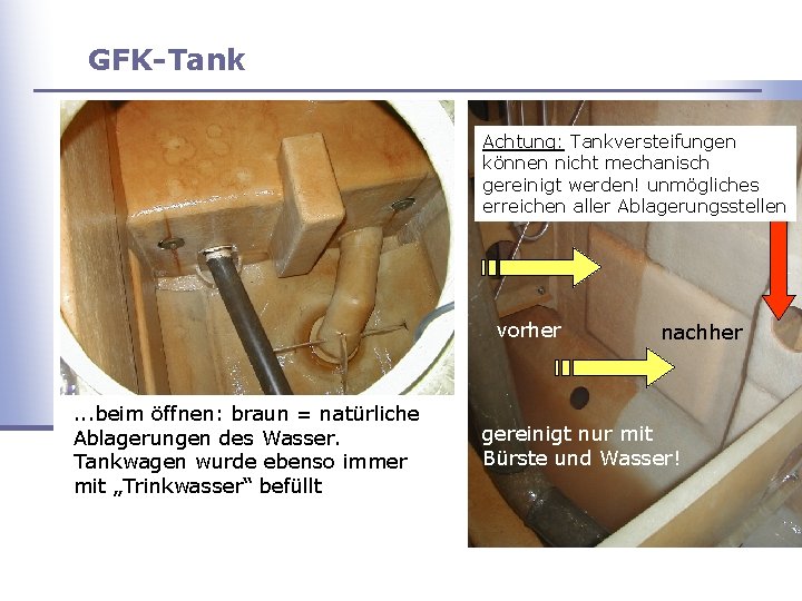 GFK-Tank Achtung: Tankversteifungen können nicht mechanisch gereinigt werden! unmögliches erreichen aller Ablagerungsstellen vorher .