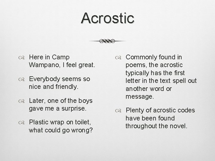 Acrostic Here in Camp Wampano, I feel great. Everybody seems so nice and friendly. Acrostic Here in Camp Wampano, I feel great. Everybody seems so nice and friendly.