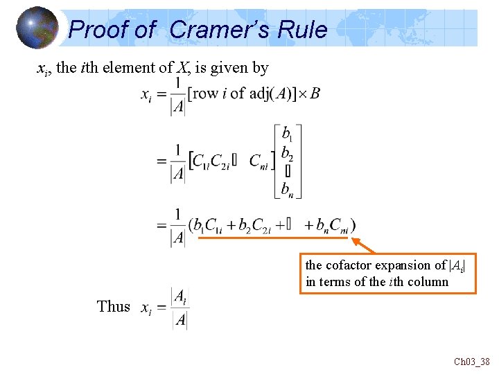 Proof of Cramer’s Rule xi, the ith element of X, is given by the