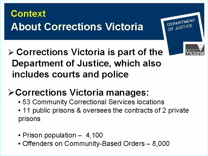 Context About Corrections Victoria Ø Corrections Victoria is part of the Department of Justice,