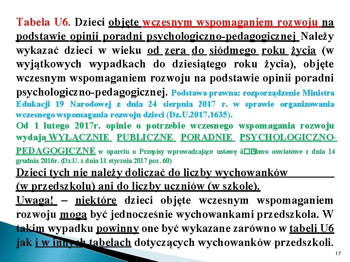 Tabela U 6. Dzieci objęte wczesnym wspomaganiem rozwoju na podstawie opinii poradni psychologiczno-pedagogicznej Należy