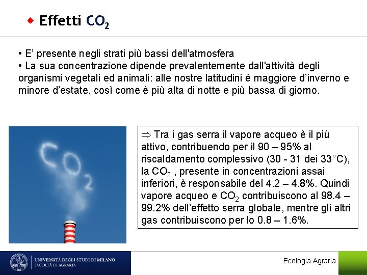  Effetti CO 2 • E’ presente negli strati più bassi dell'atmosfera • La