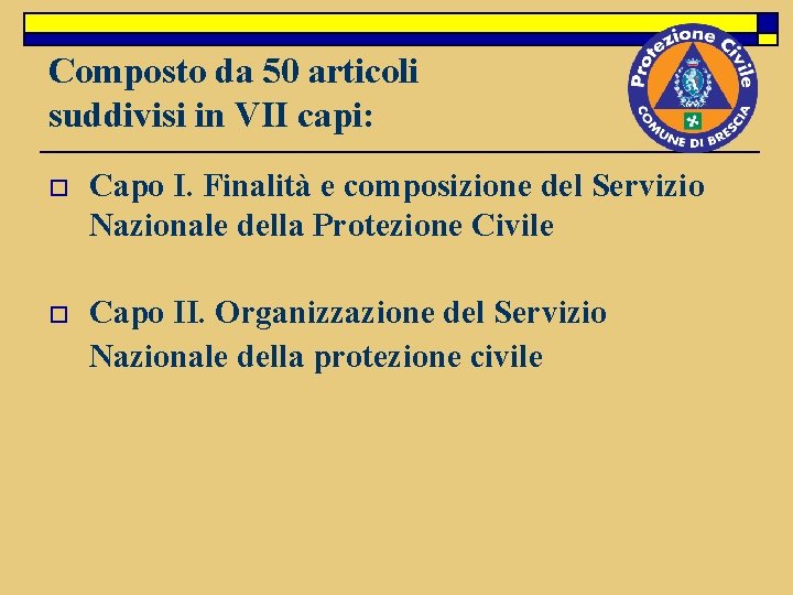 Composto da 50 articoli suddivisi in VII capi: o Capo I. Finalità e composizione