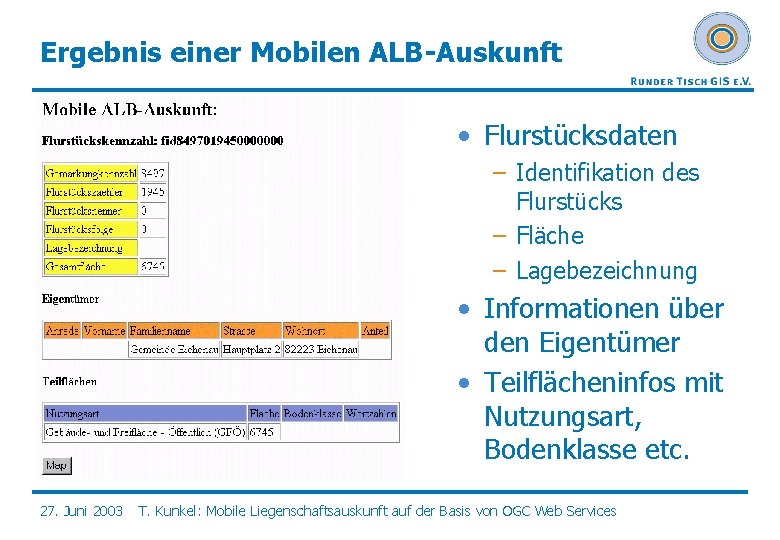 Ergebnis einer Mobilen ALB-Auskunft • Flurstücksdaten – Identifikation des Flurstücks – Fläche – Lagebezeichnung