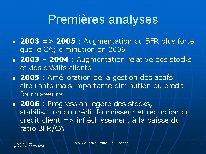 Premières analyses n n 2003 => 2005 : Augmentation du BFR plus forte que