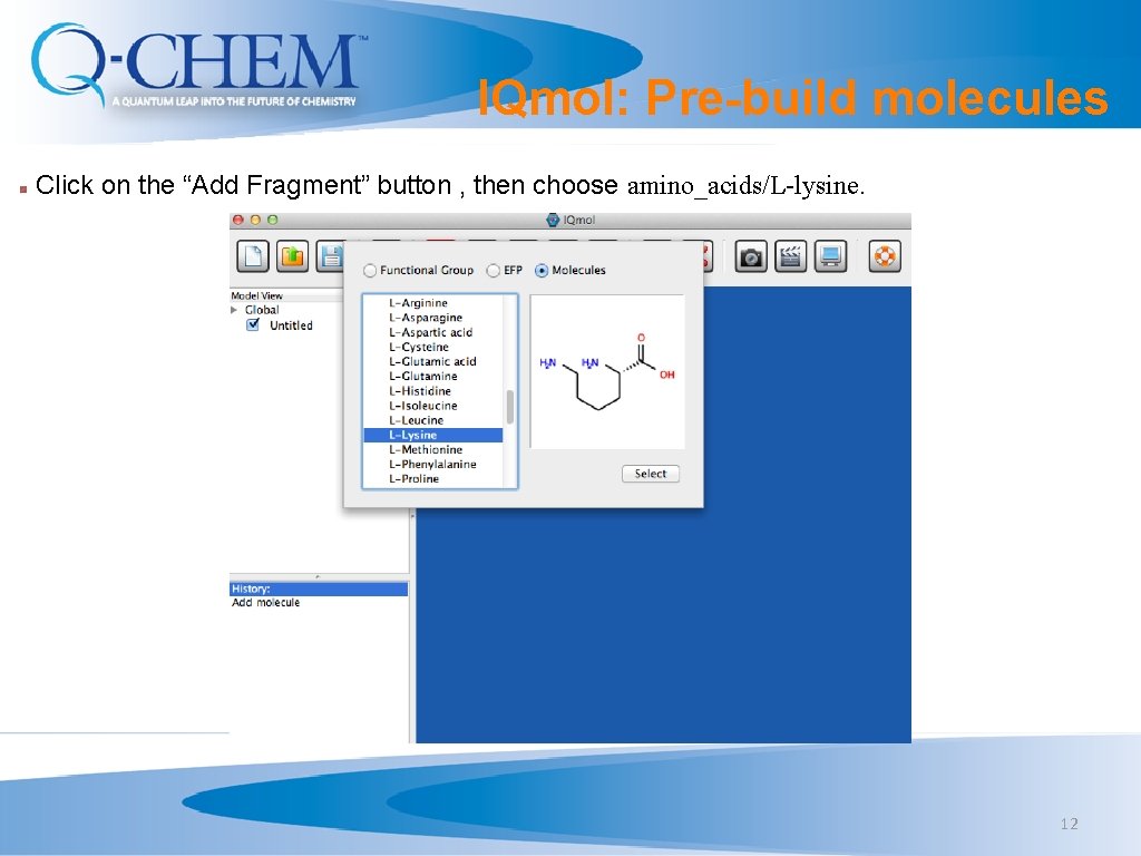 IQmol: Pre-build molecules Click on the “Add Fragment” button , then choose amino_acids/L-lysine. 12