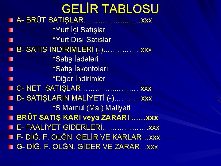 GELİR TABLOSU A- BRÜT SATIŞLAR……………. . . ……xxx *Yurt İçi Satışlar *Yurt Dışı Satışlar