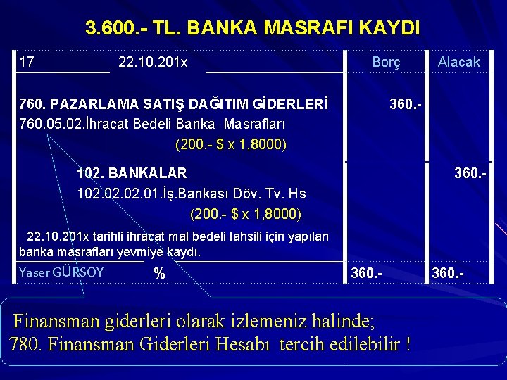 3. 600. - TL. BANKA MASRAFI KAYDI 17 22. 10. 201 x Borç 760.