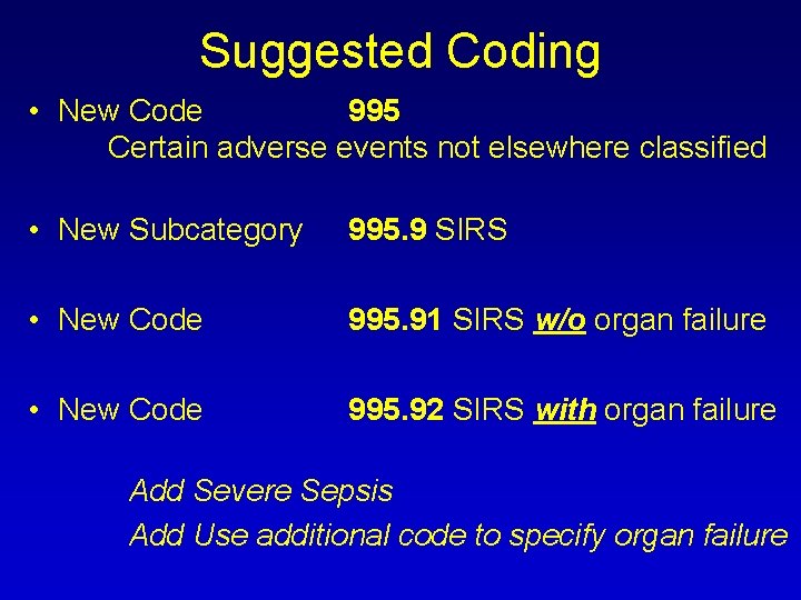 Suggested Coding • New Code 995 Certain adverse events not elsewhere classified • New