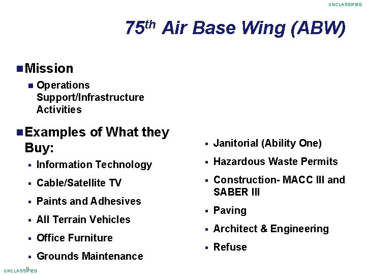 UNCLASSIFIED 75 th Air Base Wing (ABW) Mission Operations Support/Infrastructure Activities Examples of What