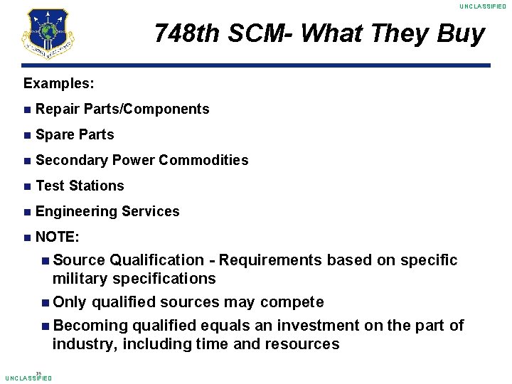 UNCLASSIFIED 748 th SCM- What They Buy Examples: Repair Spare Parts/Components Parts Secondary Test