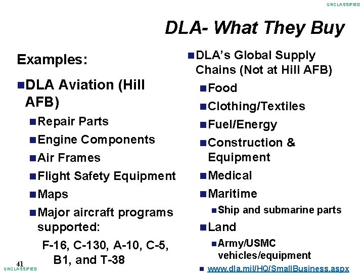 UNCLASSIFIED DLA- What They Buy Examples: DLA Aviation (Hill AFB) Repair Parts Engine Components