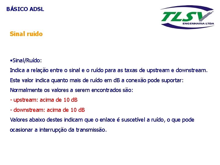 BÁSICO ADSL Sinal ruido • Sinal/Ruído: Indica a relação entre o sinal e o