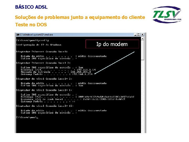 BÁSICO ADSL Soluções de problemas junto a equipamento do cliente Teste no DOS Ip