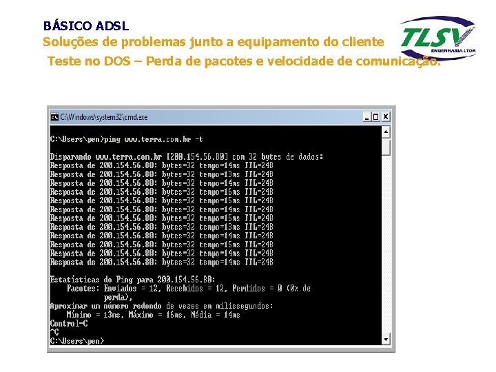 BÁSICO ADSL Soluções de problemas junto a equipamento do cliente Teste no DOS –