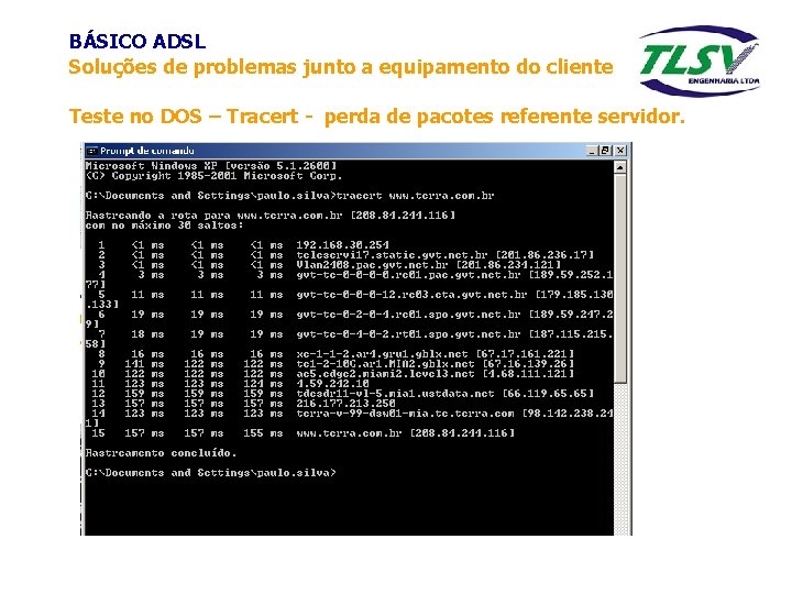 BÁSICO ADSL Soluções de problemas junto a equipamento do cliente Teste no DOS –