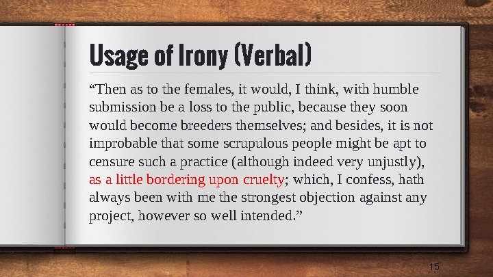 Usage of Irony (Verbal) “Then as to the females, it would, I think, with