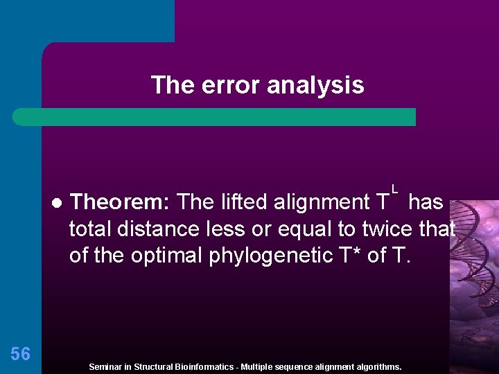 The error analysis l 56 L Theorem: The lifted alignment T has total distance