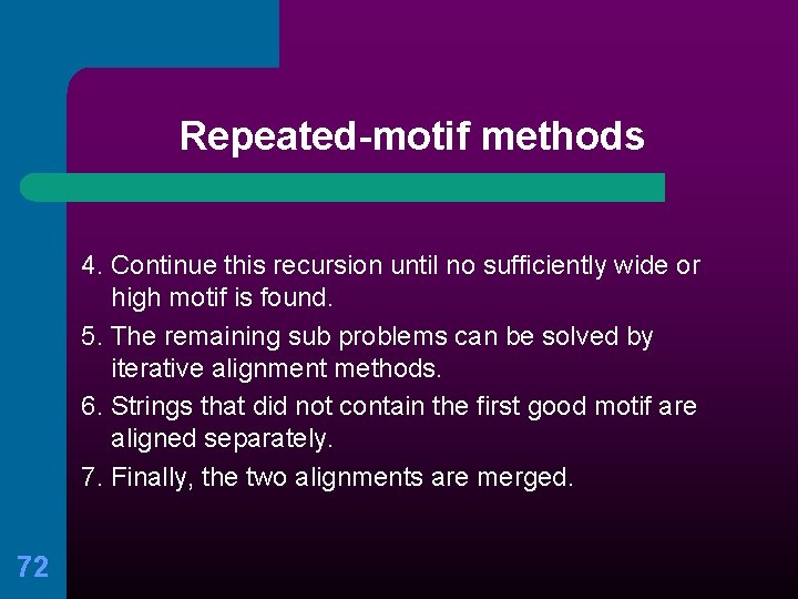Repeated-motif methods 4. Continue this recursion until no sufficiently wide or high motif is