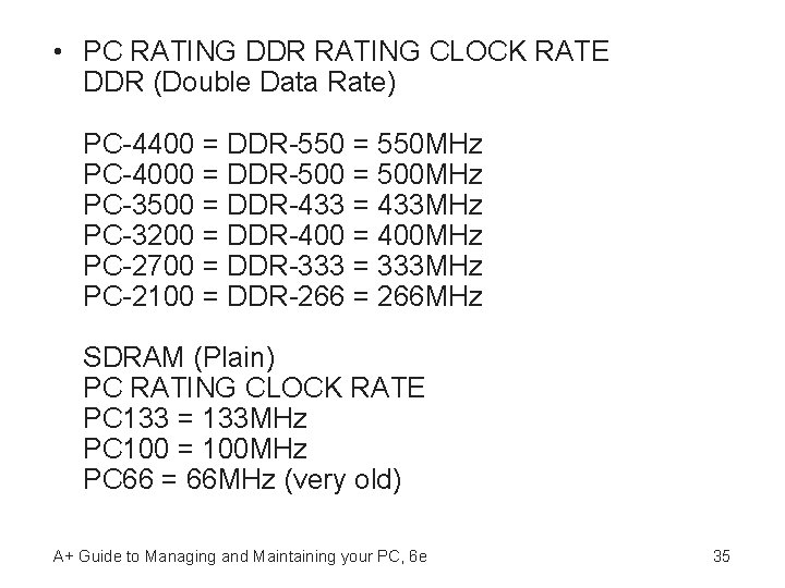  • PC RATING DDR RATING CLOCK RATE DDR (Double Data Rate) PC-4400 =