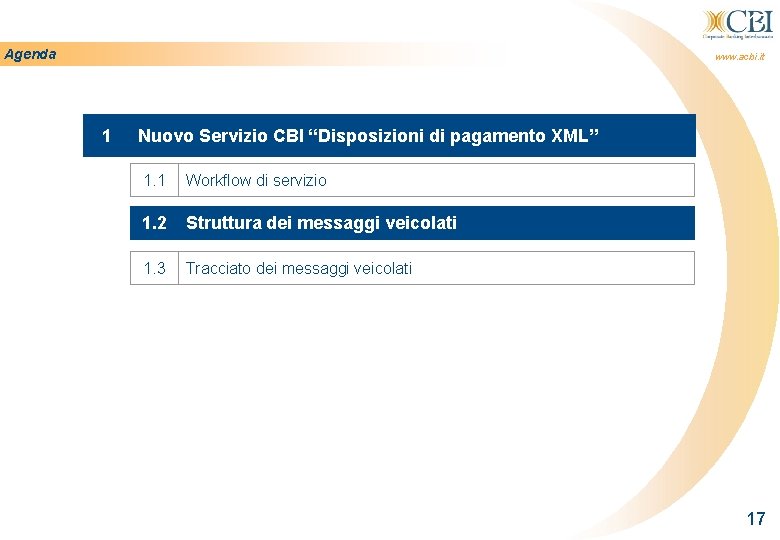 17 Agenda www. acbi. it 1 Nuovo Servizio CBI “Disposizioni di pagamento XML” 1.