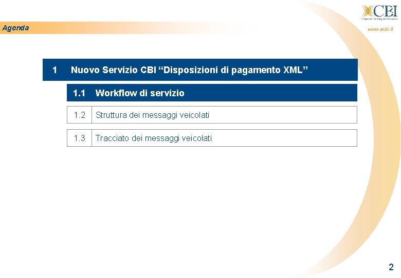 2 Agenda www. acbi. it 1 Nuovo Servizio CBI “Disposizioni di pagamento XML” 1.