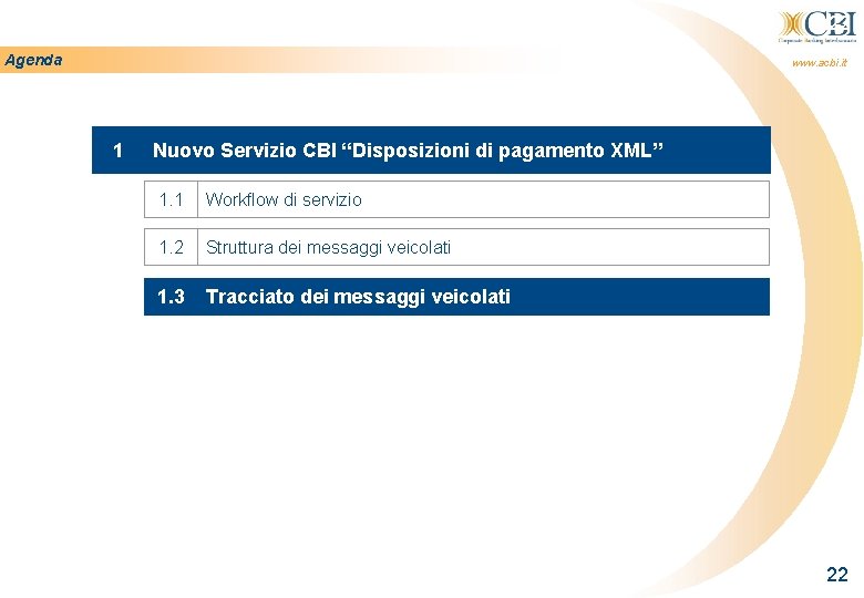 22 Agenda www. acbi. it 1 Nuovo Servizio CBI “Disposizioni di pagamento XML” 1.