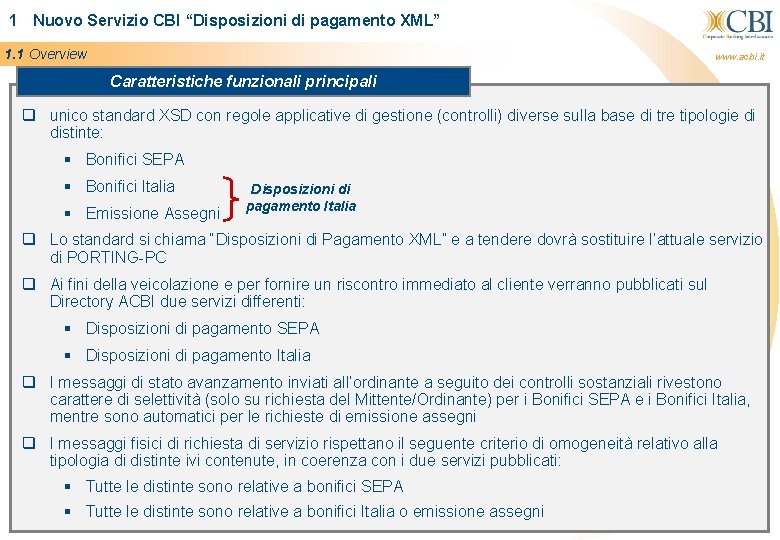 1 Nuovo Servizio CBI “Disposizioni di pagamento XML” 1. 1 Overview www. acbi. it