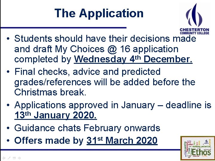 The Application • Students should have their decisions made and draft My Choices @