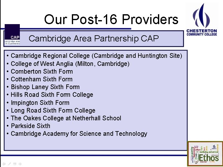 Our Post-16 Providers Cambridge Area Partnership CAP • • • Cambridge Regional College (Cambridge