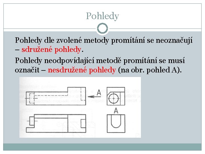 Pohledy dle zvolené metody promítání se neoznačují – sdružené pohledy. Pohledy neodpovídající metodě promítání