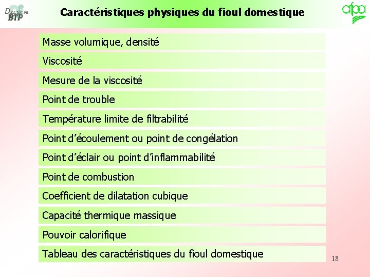 Caractéristiques physiques du fioul domestique Masse volumique, densité Viscosité Mesure de la viscosité Point Caractéristiques physiques du fioul domestique Masse volumique, densité Viscosité Mesure de la viscosité Point