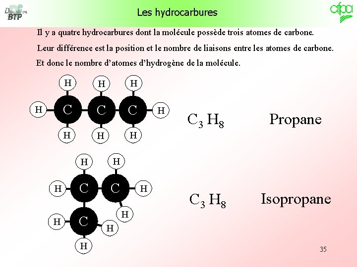 Les hydrocarbures Il y a quatre hydrocarbures dont la molécule possède trois atomes de Les hydrocarbures Il y a quatre hydrocarbures dont la molécule possède trois atomes de