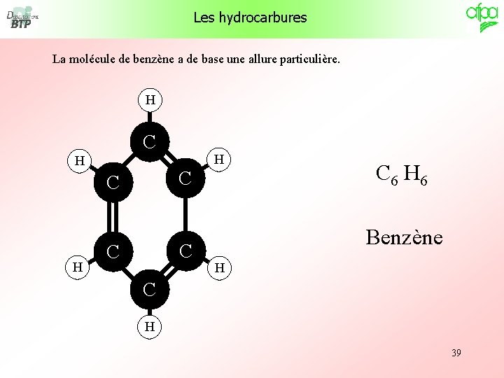 Les hydrocarbures La molécule de benzène a de base une allure particulière. H C Les hydrocarbures La molécule de benzène a de base une allure particulière. H C