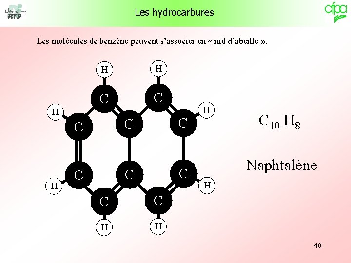 Les hydrocarbures Les molécules de benzène peuvent s’associer en « nid d’abeille » . Les hydrocarbures Les molécules de benzène peuvent s’associer en « nid d’abeille » .