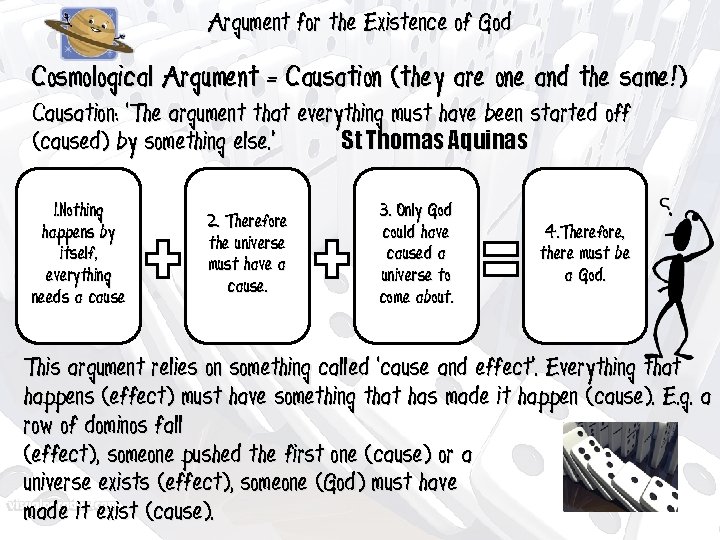 Argument for the Existence of God Cosmological Argument = Causation (they are one and