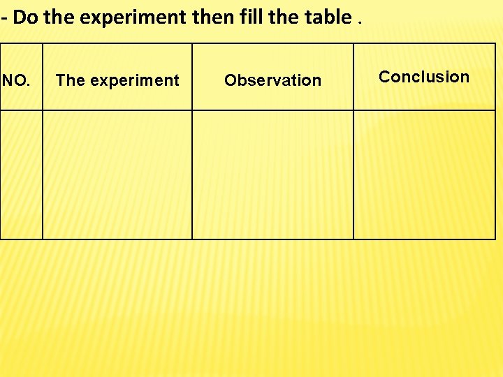 - Do the experiment then fill the table. NO. The experiment Observation Conclusion - Do the experiment then fill the table. NO. The experiment Observation Conclusion