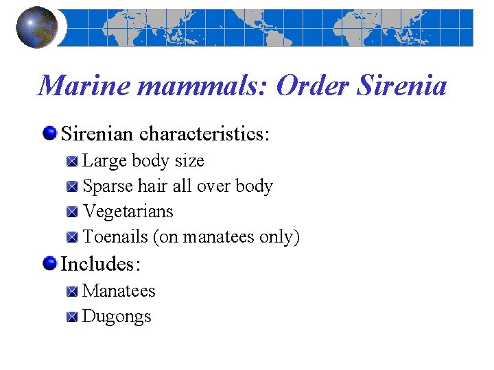Marine mammals: Order Sirenian characteristics: Large body size Sparse hair all over body Vegetarians
