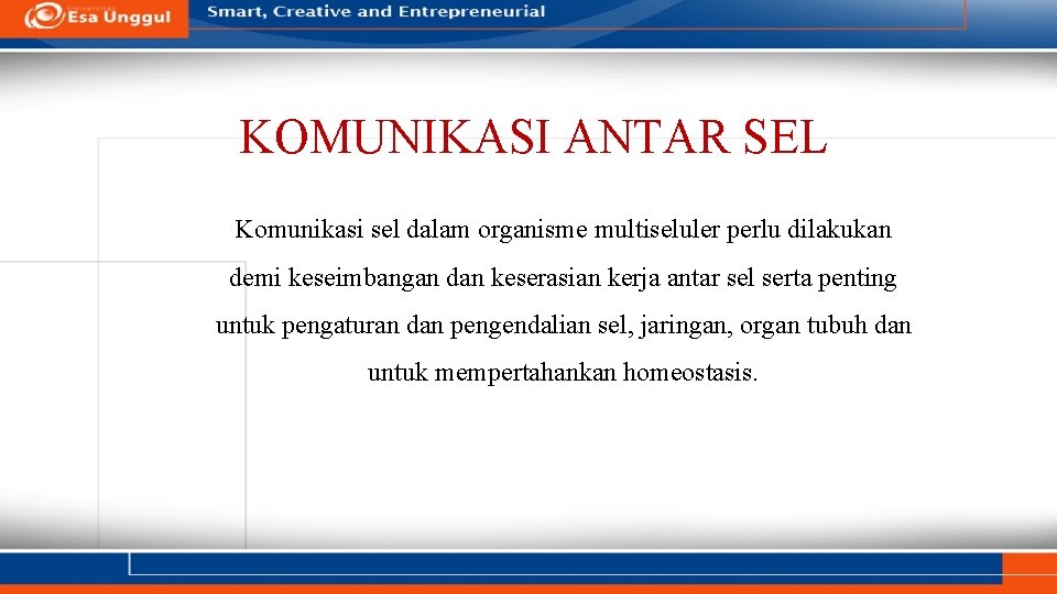 KOMUNIKASI ANTAR SEL Komunikasi sel dalam organisme multiseluler perlu dilakukan demi keseimbangan dan keserasian